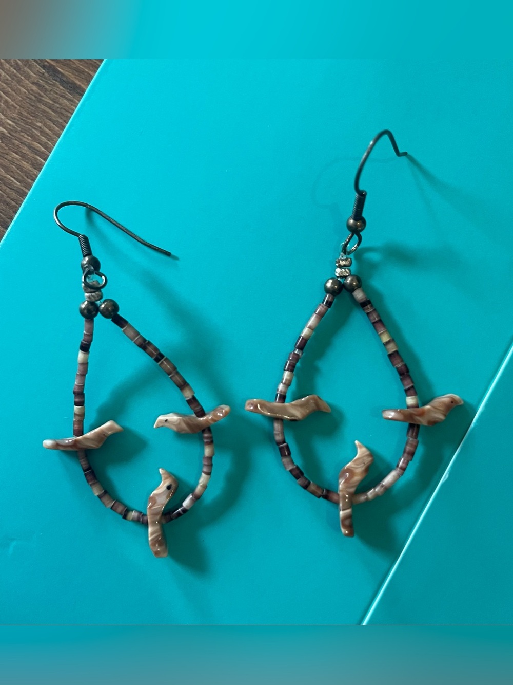 Southwestern-style bird fetish dangle earrings, Heishi beads